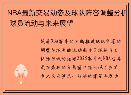 NBA最新交易动态及球队阵容调整分析 球员流动与未来展望