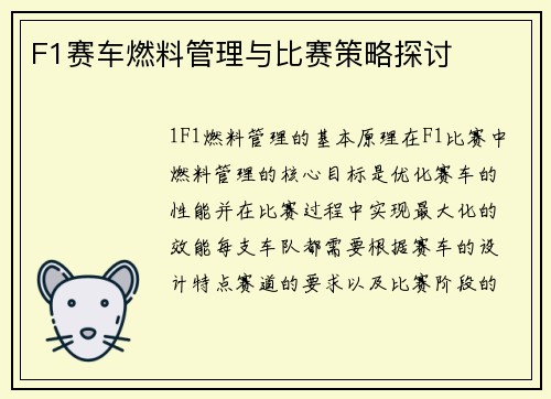 F1赛车燃料管理与比赛策略探讨