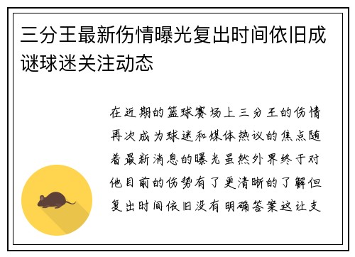 三分王最新伤情曝光复出时间依旧成谜球迷关注动态