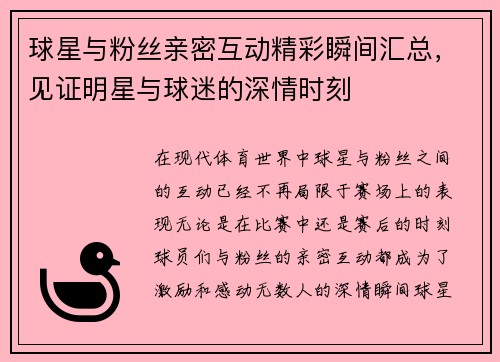 球星与粉丝亲密互动精彩瞬间汇总，见证明星与球迷的深情时刻